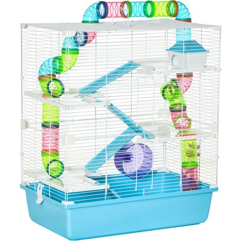 Cage pour hamster de 58 cm, nid à 5 étages pour rats des sables, système de tunnels, biberon, roue d'exercice, gamelle, rampe, 2 portes (1/5)
