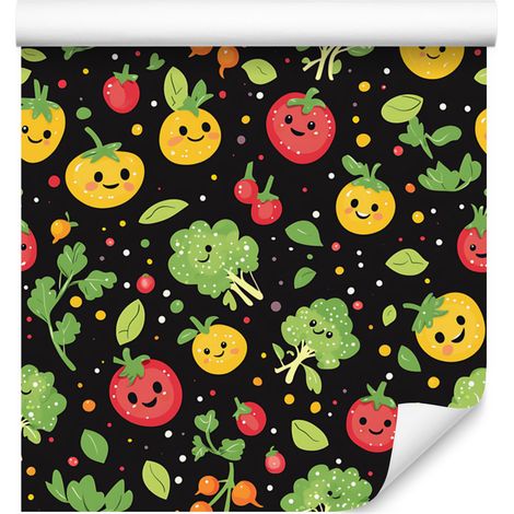 Carta da parati Kawaii con verdure, nera e verde oliva, per soggiorno e camera da letto, 50x1000 cm. (1/4)