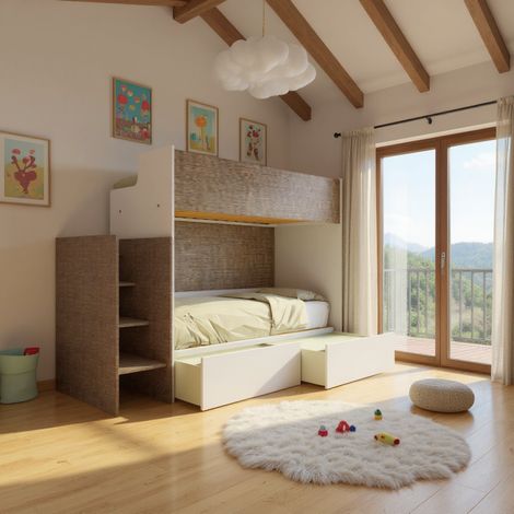 Letto a castello minimalista con terzo letto estraibile - Bianco e Fumo
