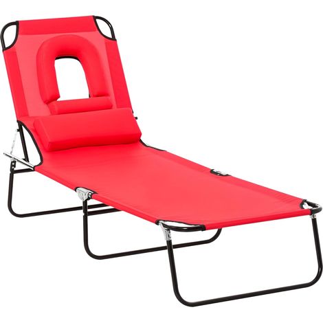 Chaise Longue Pliable - 1 Unité - Métal Et Tissu - Dossier 4 Positions - Jardin Et Plage - Rouge Avec Coussins (1/5)