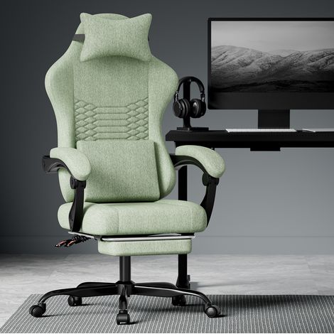 Gaming-Stuhl grün aus Stoff mit Massagefunktion, Kopfstütze, Fußstütze und ergonomischer Rückenlehne (1/5)