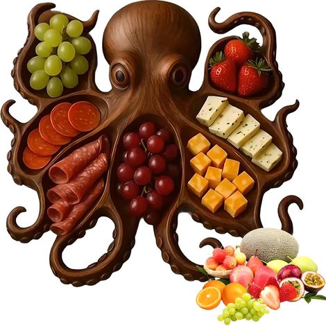 Plateau de Service en Bois en Forme de Poulpe - Plat Apéritif Océan pour Fêtes - Planche à Fromage et Snacks - Contenant Alimentaire pour Fruits, Noix et Charcuterie - Décor de Cuisine Maison - Couleu (1/5)