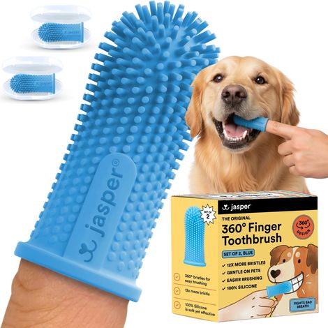 Zahnbürste, 360°-Zahnputzset für Hunde, Fingerzahnbürste, Katzenzahnbürste, Zahnreinigung, Haustierzahnbürste für kleine und große Haustiere, Tierzahnpasta nicht enthalten, 2er-Pack Blau