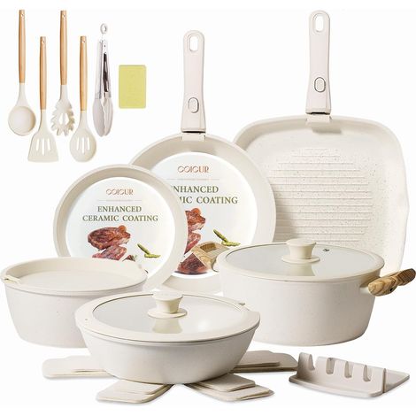 Set de Poêles et Casseroles 23 pièces Poignée amovible non toxique, sans PFOA, compatible avec induction/gaz, empilable, lavable au lave-vaisselle, Beige (1/5)