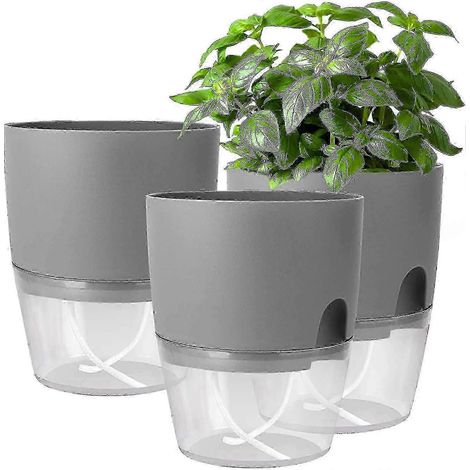 Ensemble de 3 pots à herbes aromatiques à poser sur le rebord de fenêtre, avec arrosage automatique, pour la cuisine. Dimensions : 18,2 x 11 x 15,3 cm. Gris. (1/5)