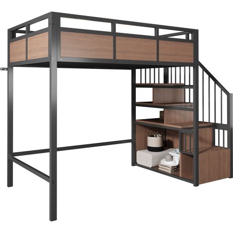 CHICFURN Cama alta metálica 90x200 cm con escalera reversible con almacenaje, barandilla elevada, LED de colores y diseño moderno en negro para dormitorio juvenil (1/5)