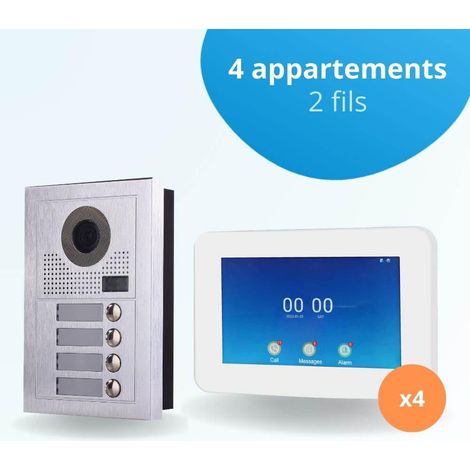 Portier interphone vidéo MODERN 2 Fils - 4 appartements - 4 écrans tactiles connectés 7" blanc