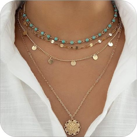 Colliers bohèmes superposés pour femmes, colliers dorés tendance à plusieurs rangs, ras-de-cou bohèmes en perles turquoise