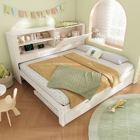 Sofá cama de 140x190 cm con cama nido de 90x190, cabecero con almacenaje, puertos USB/USB-C, madera blanca