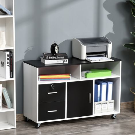 Mobiletto ausiliario per ufficio HOMCOM con ruote, ripiani e cassetti, mobile multiuso con ampio spazio di archiviazione, 100x35x65 cm, bianco e nero.