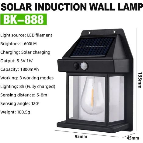 (Lot de 2 - Noir) Lampe murale solaire d'extérieur étanche à filament de tungstène, lampe à induction, éclairage domestique et de jardin (1/5)