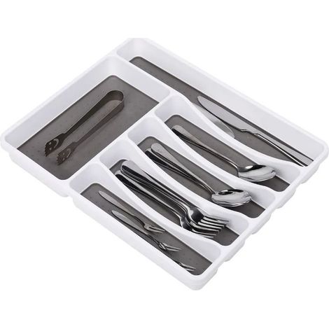 Plateau à couverts en plastique à 6 compartiments, dimensions H x L x P 40 x 32 x 4,5 cm, rangement pour couverts avec base en caoutchouc et pieds antidérapants, organiseur de tiroir, gris anthracite (1/5)