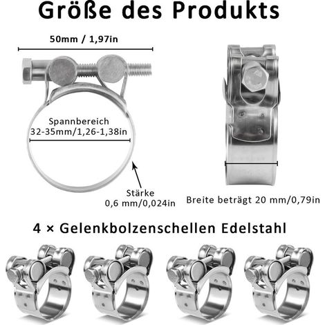 Stahlschlauchschellen – 4 Stück, verstellbare Edelstahl-Schlauchschellen 32–35 mm – für Rohre/Abgasanlagen/Trockner (1/5)