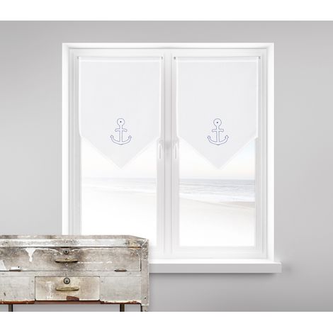 Homemaison – Paire de voilages brodés "Ancre Marine" bleu 40x55 cm – Tissé en France – Ourlet passe tringle – Prêt-à-poser