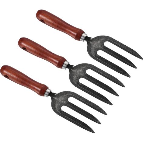 Lot de 3 fourches de jardinage à 3 dents en acier au carbone épais et trempé pour jardin, plantation agricole, 26,9 cm, gris