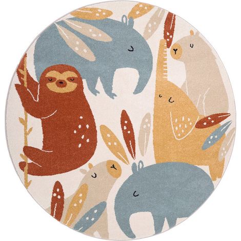 Tapis Enfant Rond Motif Jungle Animaux en Polypropylène Orange Vert Beige Ø 160 cm - PANGIVO (1/5)