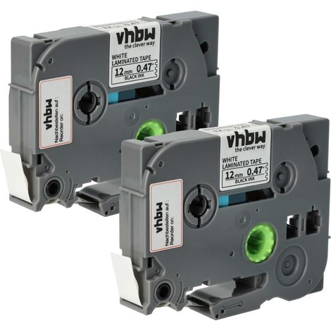 vhbw 2x Label Tape compatible with Brother PT H100, H100LB, H100L, H100R, H100P Label Printer 4m x 12 mm, Black on White, Laminated (1/4)