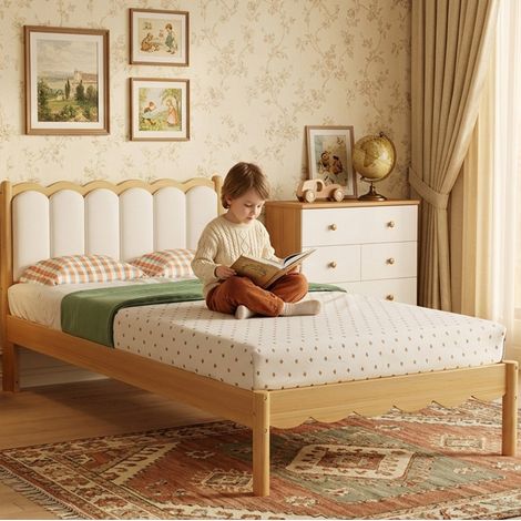 Lit enfant simple rembourré style ondulé en bois massif beige/naturel 90x200 cm avec tête de lit PU et sommier à lattes (1/5)