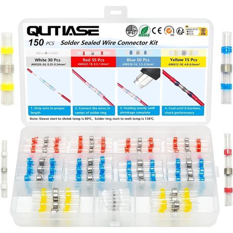 150 Pièces Joint de Soudure Connecteur Electrique de Fil Isolés avec Gaine Thermorétractable Étanche, 4 Tailles 26-10 AWG, Cosse Thermoretractable Bout a Bout pour Automobiles et Motos (1/5)
