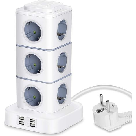 Tour Multiprise, 12 Prises Multiprise Electrique (2500W / 10A) avec 4 Ports USB, Multi Prises électriques Parafoudre Multiprise Verticale pour Maison Bureau, Rallonge 3M (1/5)