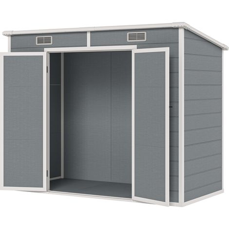 Gartenhaus 2,4 x 1,3 m, Kunststoff-Gartenhaus mit Boden, Fenster und abschließbaren Türen, für Terrasse und Garten, grau
