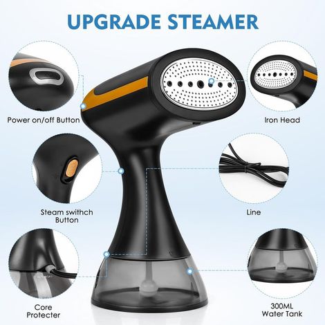 Défroisseur vapeur portable 1500 W avec réservoir d'eau de 300 ml, chauffe rapide en 20 secondes, fer à vapeur de voyage pour éliminer les plis (noir) (1/5)
