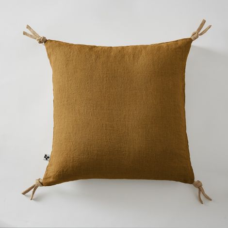 Coussin pompons lin lave 45 x45 cm Soline marron (1/3)
