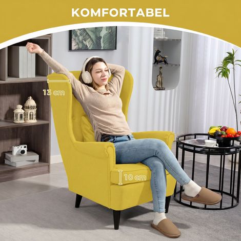 Fauteuil relax avec repose-pieds, fauteuil rembourré à pieds en bois d'hévéa, revêtement en tissu, jaune (1/4)