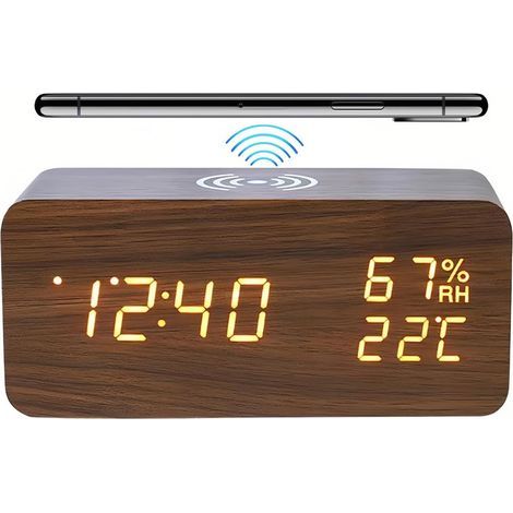 Digital alarm clock with LED, wireless charging, temperature and humidity display, 3 alarms, adjustable brightness, sound control, suitable for bedroom, home, or office (brown). (1/5)