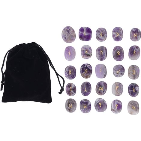 Lot de 25 pierres runiques naturelles polies lisses gravées pour méditation, divination, guérison des chakras - Améthyste (1/5)