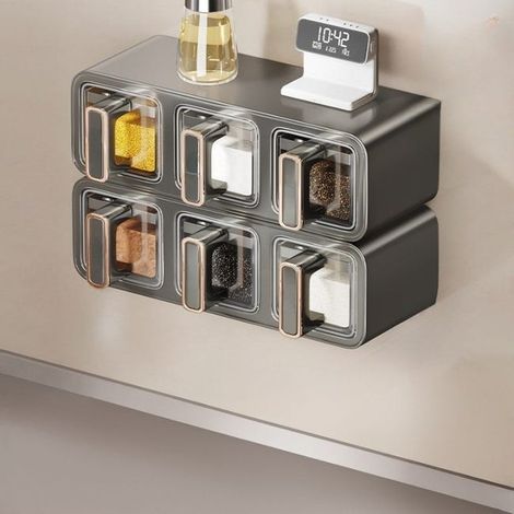Küchengewürzbox, Set mit 6 Gewürzdosen, wandmontiert, ohne Bohren, zum Aufbewahren von Salz und anderen Gewürzen – 26,5×13,3×19,2 cm