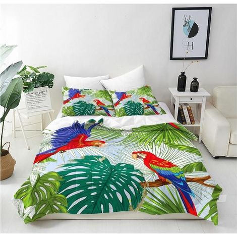 Housse de Couette 240x260 cm avec 2 Taies d'oreiller 65x65 cm Microfibre Parure de Lit Imprimé Tropical Perroquet Palmier - CRR (1/4)