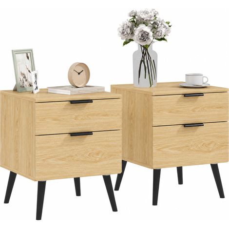 Lot de 2 tables de chevet - table de nuit - HOMCOM - style nordique moderne - avec tiroir à deux niveaux - pieds bois massif - chêne (1/5)
