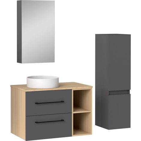 Acezanble Ensemble meuble salle de bain, Meuble 80 cm avec 2 Tiroirs, Vasque et Miroir de Rangement, Colonne 110cm (1/5)
