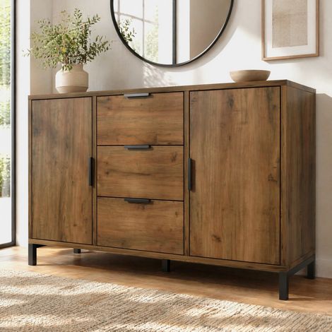 FLORAGRACE Commode 2 portes et 3 tiroirs en panneau de particules brun foncé, 120 x 40 x 76 cm, avec étagère réglable (1/5)