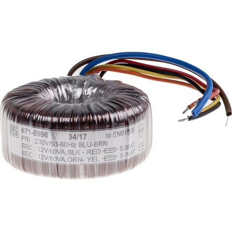 Rs Pro – Transformateur torique 120VA – 2 sorties 12V c.a. – Tension primaire 230V c.a. – Courant 5A – Dimensions 96 x 48mm