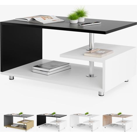 CASARIA® Table basse design 95x55x50cm Table de salon rectangulaire moderne 50kg avec plusieurs niveaux de rangement  Blanc noir