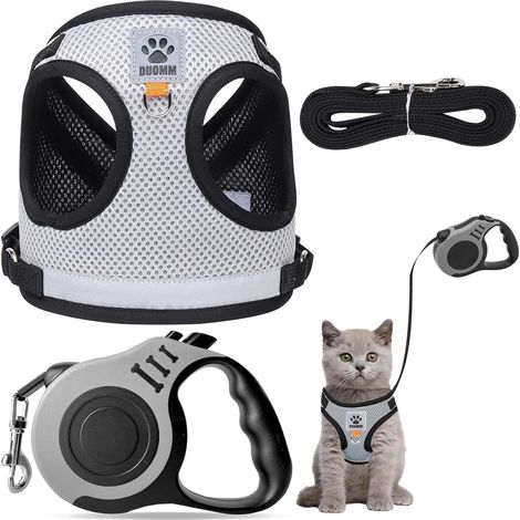 1 - Harnais pour Chat - Laisse Réglable - Anti-Fuite Nylon Polyester - Promenade Extérieur Chaton Chien Gris 35x40cm (1/5)