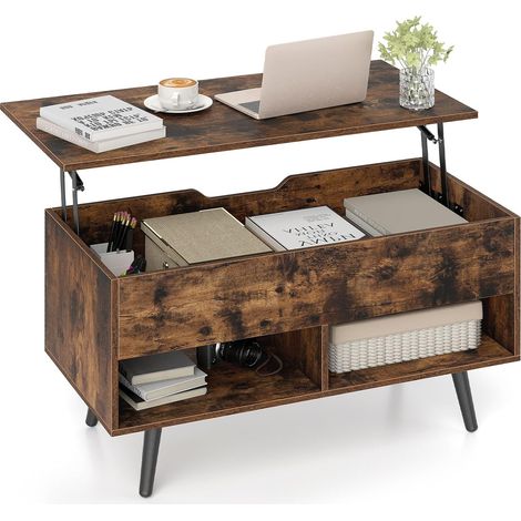 COSTWAY Tavolino da Salotto con Superficie Sollevabile, Tavolino da Caffè Moderno con Scompartimento Nascosto e 2 Ripiani, Ideale per Salone, Ufficio e Sala Riunioni (Marrone) (1/5)