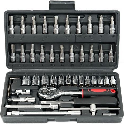 Coffret Outils Réparation Auto Moto 46 Pièces - Jeu de Clés à Cliquet et Douilles, Kit Mécanique Automobile Complet avec Boîte de Rangement-lsw