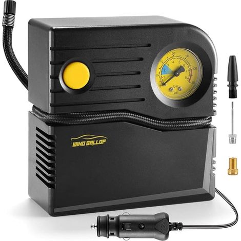 Gonfleur pneus Voiture 12V Mini Compresseur Air Portatif Pompe de pneu Allume Cigare Electrique Velo avec Manomètre et Adaptateurs Valve(Jaune) (1/5)