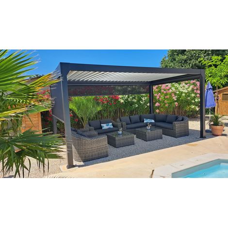 Pergola bioclimatique aluminium XL 5x3m, MOTORISEE avec éclairage LED intégré -autoportante coloris Noir Sable (RAL2100) - Qualité PRO - TOP Finition -