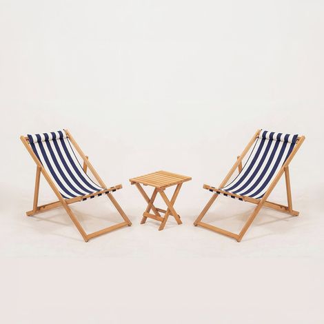 Set de 2 chaises longues pliantes avec table d'appoint en bois pour jardin Morik - Bleu (1/5)