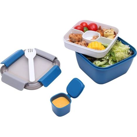 Boîte à lunch - Boîte à lunch étudiante à double compartiment et à plusieurs couches, compatible micro-ondes -trompette bleue 1,1 L (1/5)