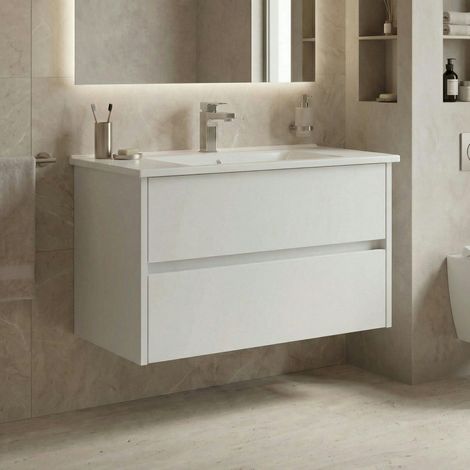 Meuble vasque suspendu 85 cm blanc 2 tiroirs MOANA (1/4)