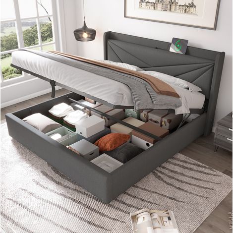 Bett Doppelbett Stauraum 180x200 mit USB Leinen OKMYHOME (1/5)