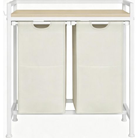 Cesto para ropa multifunción con 2 compartimentos, madera y metal, blanco y roble claro (1/5)