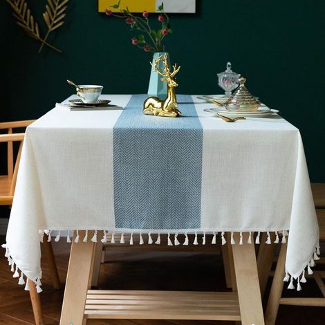 Rustikale Tischdecke im Landhausstil für Esszimmer, Küche und Couchtisch, blau gestreifter Baumwoll-Leinen-Stoff, 55 x 86 cm (1/5)