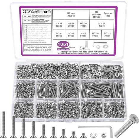 Lot de 1051 vis M3 Acier au carbone nickelé Tête hexagonale fraisée Kit de fixation complet Électronique (1/5)