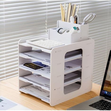 5 Niveaux Organisateur de Bac À Courrier, Bac de Classement en Papier A4 Détenteur de Document de Fichier Organisateur de Bureau avec Porte-Stylos pour Maison Bureau École Bureau Organiser